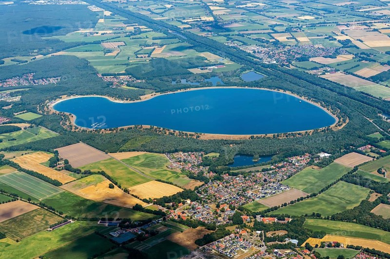 Emsland, landscape, river, Ems, aerial view, reservoir, lake, retention basin, drought, water, artificial, groundwater, rainwater, Dortmund-Ems Canal Lower Saxony, Germany, river, summer, field, water