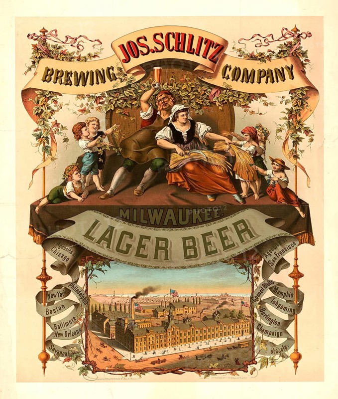 Advertising poster, beverage advertisement, advertising poster for the Jos. Schlitz Brewing Company from Milwaukee. The work of art was originally created around 1878 by Moritz Ulffers. The illustration shows a scene with people and a detailed view of the brewery buildings in Milwaukee, authentic reproduction of a historic advertising poster, advertising sign, in high resolution