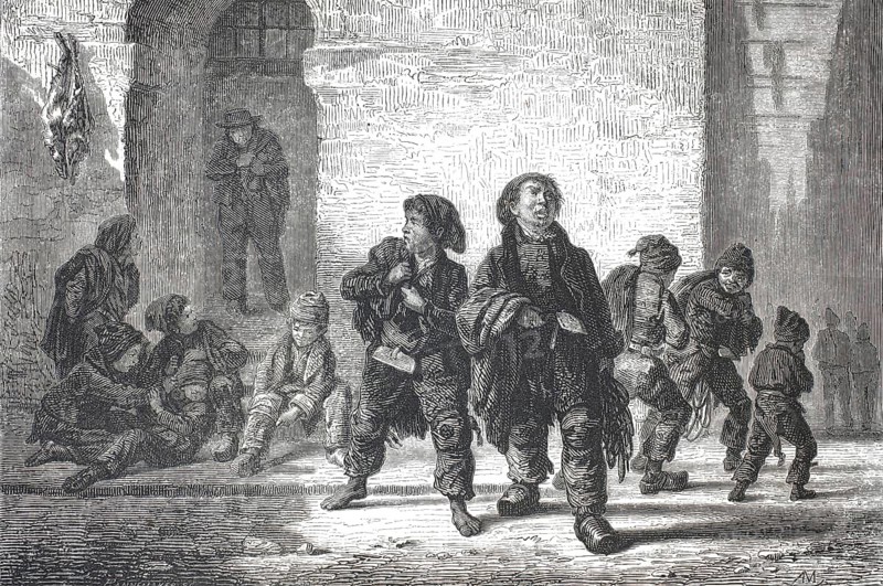 Group of French chimney sweep boys, Les Ramoneurs, who set off for their daily work. In the 19th century, very young, dainty boys were often used as chimney sweeps, as they fit physically into the narrow and winding chimneys of urban buildings. The presentation captures the reality of these children's lives characterized by poverty. Her clothes are worn out, faces and hands are often blackened out of soot, and the gloomy alley underlines the oppressive atmosphere of the urban misery of this era, authentic, high-resolution reproduction of a 19th-century model, exact date of depiction unknown, historical