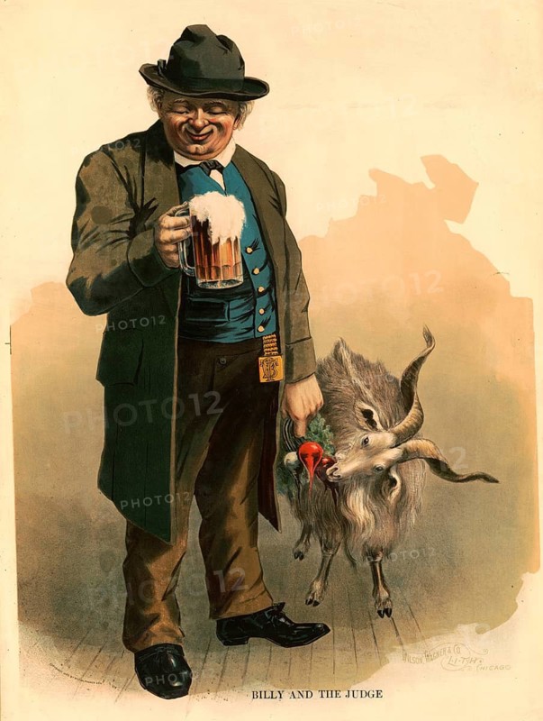 Advertising poster, beverage advertisement, advertising poster for bock beer with the title Billy and the Judge from 1887, depicts a cheerful man holding a large beer mug next to a goat, which serves as a traditional symbol for bock beer, authentic reproduction of a historical advertising poster, advertising sign, in high resolution