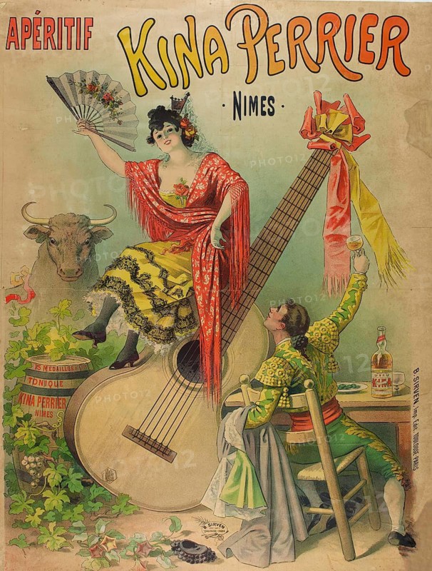 Advertising poster, beverage advertisement, vintage advertising poster from 1895 promotes Kina Perrier, a French aperitif from Nîmes. The graphic shows a Spanish dancer posing with a fan on a huge guitar while a bull stands in the background, authentic reproduction of a historical advertising poster, advertising sign, in high resolution