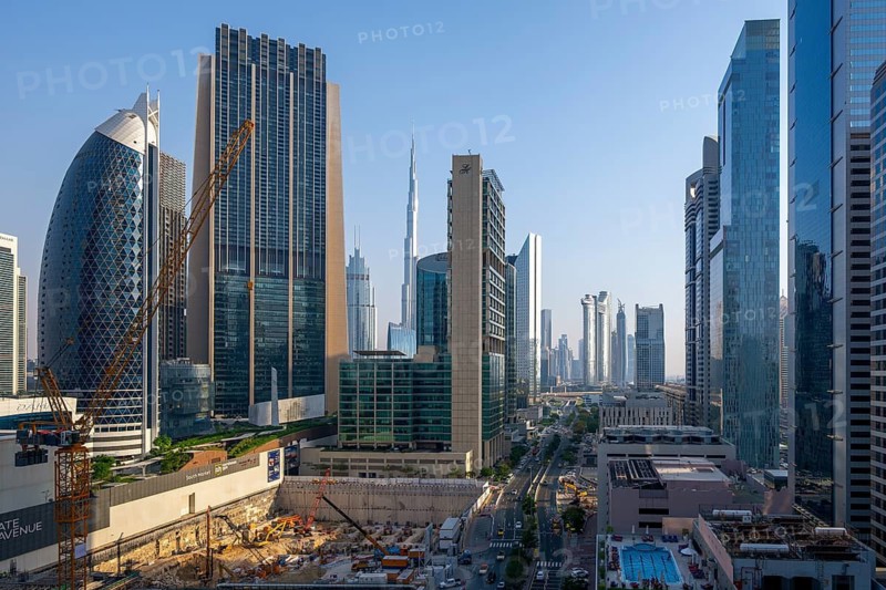 From left to right Park Towers, The Index, Burj Khalifa and Liberty House, Address Sky View, Dusit Thani Hotel, Dubai, United Arab Emirates, UAE