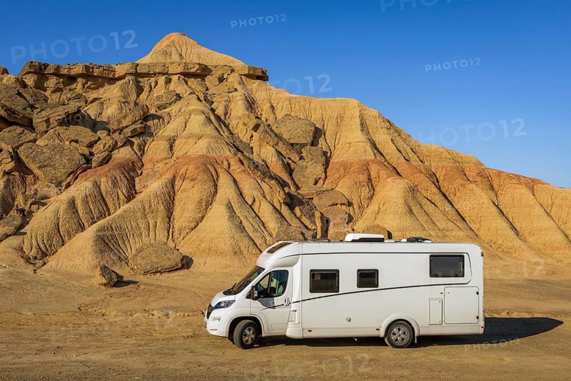 Motorhome traveling in Bardenas Reales Natural Park, Navarra, Spain