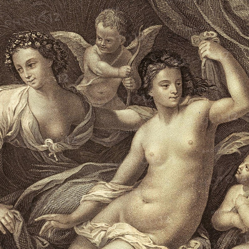 Detail from the painting The Four Seasons by Guido Reni, allegory, seasons, spring, summer, autumn, winter, woman, baroque, Italian painting, 17th century, figure painting, mythology, personification, nature, fertility, harvest, blossoms, fruits, grains, angels, nudity, snow, landscape, symbolism, harmony, beauty, classical art, oil painting, art history, Bologna, masterpiece, allegorical presentation, baroque art, seasonal cycle, curtain, historical illustration 1854
