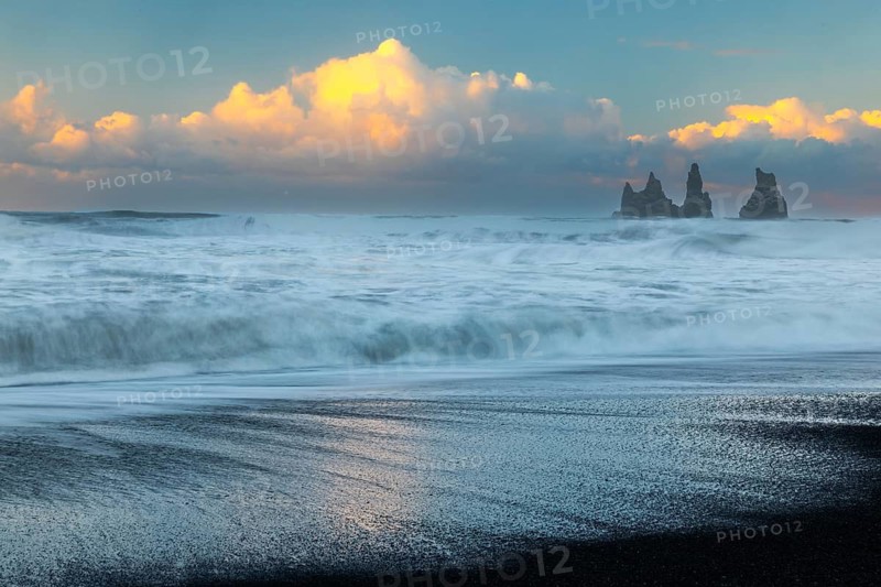 Reynisdrangar pinnacles, lava sandy beach, waves, sea, clouds, winter, Vik, Iceland, Scandinavia