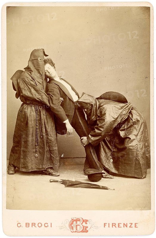 Hypnosis, young man, scene 1, two masked figures and a man in unusual interaction, Giacomo Brogi, Italy, 1822-1881, Fierenze, around 1880