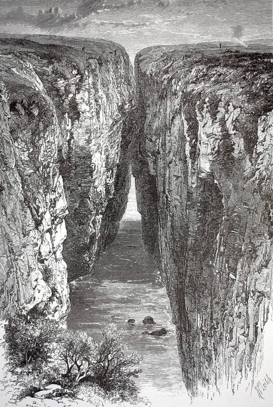 Huntsman's Leap crevice or hunter's jump in Pembrokeshire, Wales, illustration, reproduction from a 19th century model. Authentic, file restored for optimal use, exact date of submission unknown, historical