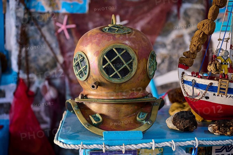 Ancient diving helmet as a decorative piece in a nautical exhibition, sponge factory, Nikolas Gourlas, Pothia, main town, port, Kalymnos, Sponge Diving Island, Dodecanese, Greek Islands, Greece