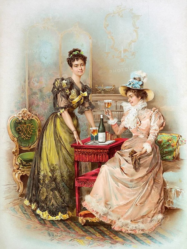 Advertising poster, beverage advertisement, chromolithography from the late 19th century, which serves as an advertising poster for a drink. Two woman in contemporary clothing, one standing in yellow, the other sitting in peach colors, drinking a drink, authentic reproduction of a historical advertising poster, advertising sign, in high resolution