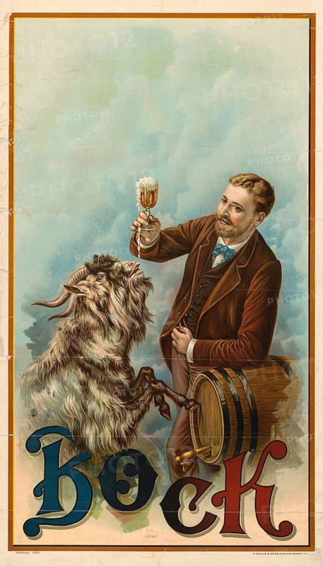 Advertising poster, beverage advertisement, advertising poster for bock beer by Henry Jerome Stile from 1892. The work of art depicts a well-dressed man leaning against a keg and toasting a glass of beer with a goat, America, authentic reproduction of a historical advertising poster, advertising sign, in high resolution