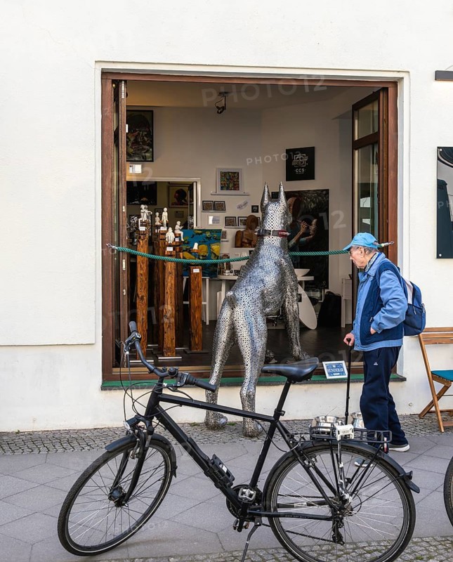 Large dog, metal mastiff, art object on the window of an art gallery on Reinhardtstraße in Berlin Mitte, Germany