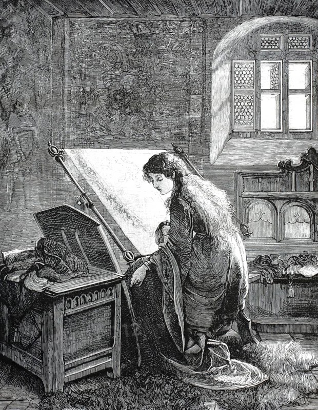 Wood engraving called Elaine. It illustrates a scene from the famous poetry collection Idylls of the King by British poet Alfred Lord Tennyson. Elaine kneels reverently in her chamber in front of Lancelot's large, veiled shield, which he left in her care in front of a tournament. She looks at the sign with longing and secretly creates an artfully embroidered silk cover to protect it from scratches and dust, illustration, reproduction from a 19th-century model. Authentic, file restored for optimal use, exact date of submission unknown, historical