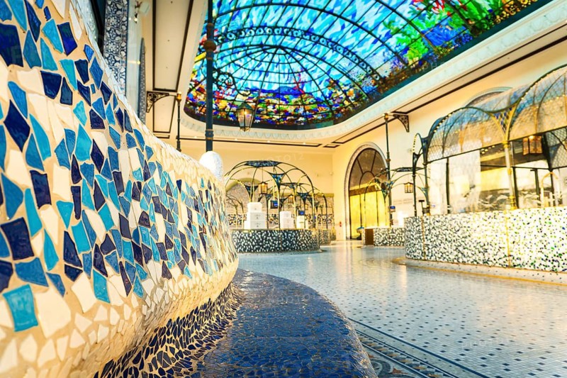 Doha, Qatar - 15th january, 2026: Stunning stained glass ceiling and mosaic tiled interiors of Chabrat Al Mina fish market at Old Doha Port, Qatar. A masterpiece of modern maritime architecture