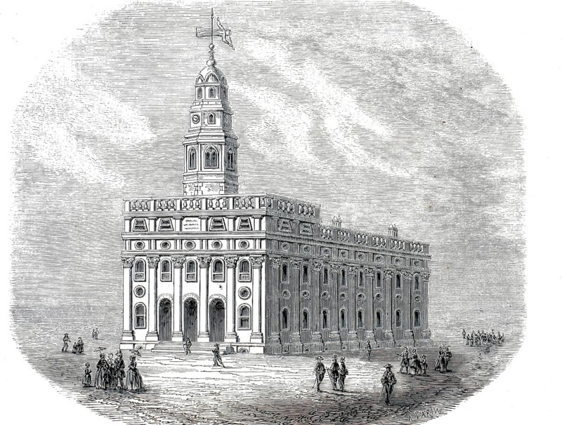 Image shows the historic Nauvoo Temple of the Church of Jesus Christ of Latter-day Saints in Nauvoo, Illinois, 1846, America, authentic, high-resolution reproduction from a 19th-century model, exact date of depiction unknown, historical