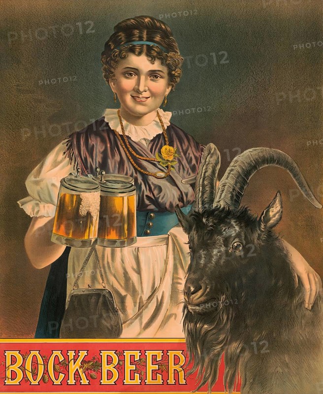 Advertising poster, beverage advertisement, bock beer poster buck Beer, original Bavarian beer girl & bock by Henry Jerome Stile from 1885. A Bavarian woman in traditional clothing holding two jugs of bock beer, next to a black buck, authentic reproduction of a historical advertising poster, advertising sign, in high resolution