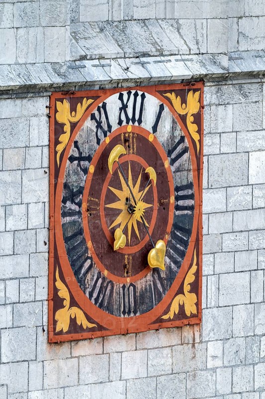 Parish Church of the Assumption of Mary, tower clock, seen from the New Bell Tower, Schwaz, Tyrol, Austria