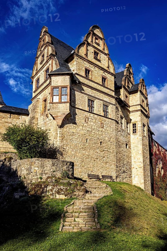 Side view of a castle with a staircase leading to the walls and towers, The Upper Castle of Kranichfeld in Thuringia