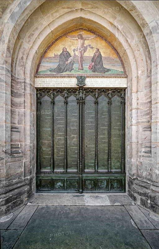 Thesis door of 95 theses, castle church, former residence of the Saxon electors, Renaissance, Reformation, Martin Luther, 95 theses, Luther Memorial, UNESCO World Heritage, Luther city Wittenberg, Saxony-Anhalt, Germany