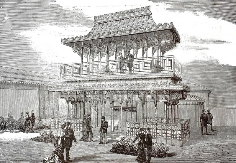 Chinese pavilion and theatre at the 1867 World's Fair in Paris, iron architecture, France, illustration, reproduction from a 19th century model. Authentic, file restored for optimal use, exact date of submission unknown, historical
