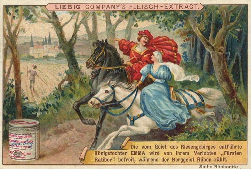 Picture series Sagas, scene from the world of legends of the Krkonoše Mountains, in which Prince Racibórz frees the king's daughter Emma abducted by a mountain spirit, favorite picture, digitally restored reproduction of a collector's painting from around 1900, exact date unknown
