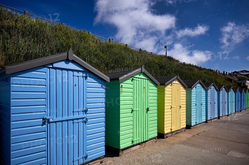 Colorful beach cabins, beach huts, light blue, green, yellow, Gyllyngvase Beach, often Gylly, sandy beach, Falmouth, Cornwall, England, Great Britain, Great Britain