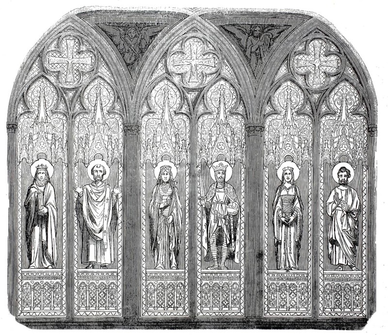 Chapelle Royale de Dreux, stained glass window ensemble in the southern transept of the chapel. It shows, from left to right, six historically important saints of France: Saint Louis (King Louis IX of France), Sainte Isabelle (Isabella of France), Saint Germain (Germanus of Paris), Sainte Radegonde (Radegunde, Thuringian princess and Frankish queen), Saint Remi (Remigius of Reims), Sainte Bathilde (Bathilde, Frankish queen), illustration, reproduction from a 19th century model. Authentic, file restored for optimal use, exact date of original unknown, Historical