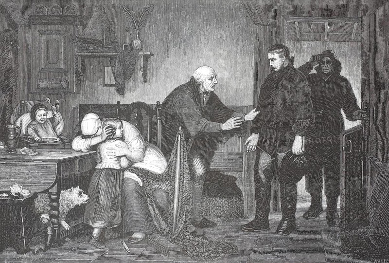 The family had received the news or certainty that the fisherman had died in a storm at sea. At the center is an elderly, white-haired man with outstretched hands who talks intensely at a younger man wearing weatherproof clothing. At the table on the left, a woman bursts into tears and hugs a young child close to her, illustration, reproduction of a model from the 19th century. Authentic, file restored for optimal use, exact date of submission unknown, historical