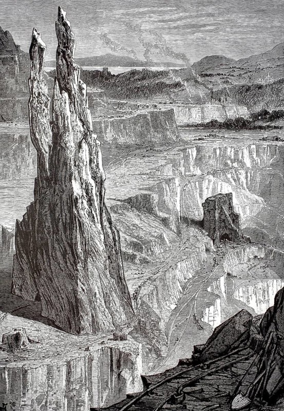 Penrhyn Quarry in North Wales, near Bethesda. In the 19th century, the largest slate quarry in the world, 370 meters deep and 1.5 kilometers in diameter, wales, illustration, reproduction from a model from the 19th century. Authentic, file restored for optimal use, exact date of submission unknown, historical