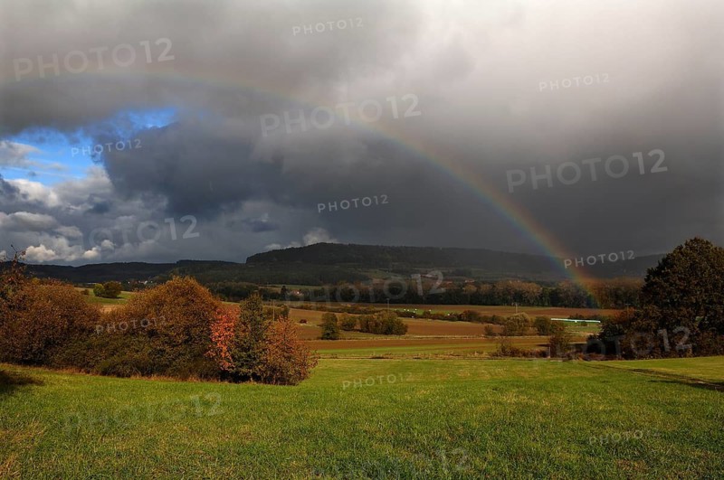 Rainbow in a landscape, Eckental, Middle Franconia, Bavaria, Germany