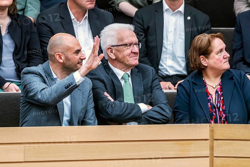 Constituent session of the 18th state parliament of Baden-Württemberg. In the spectator stand Winfried Kretschmann, the outgoing Minister-President. In addition to him, Danyal Bayaz, Greens, Minister of Finance, and Theresa Schopper, Greens, Minister of Construction. Stuttgart, Baden-Württemberg, Germany