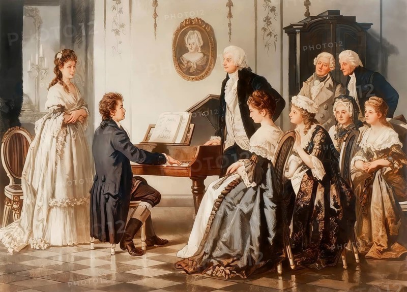 Ludwig van Beethoven and Wolfgang Amadeus Mozart, digitally edited based on a painting by August Borckmann, subsequently colored
