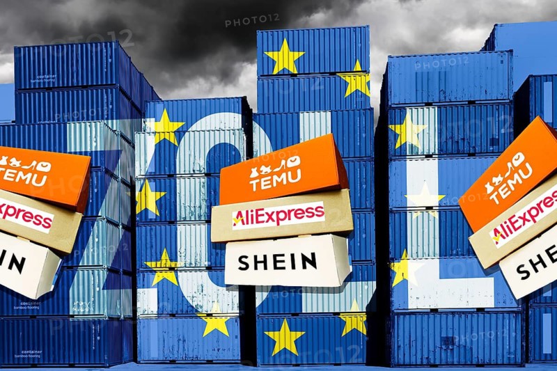 Packages from Chinese online retailers Temu, Shein and AliExpress in front of stacked containers with customs lettering, symbolic photo for new customs duties for small shipments to the EU, photo montage +++ editorial use only