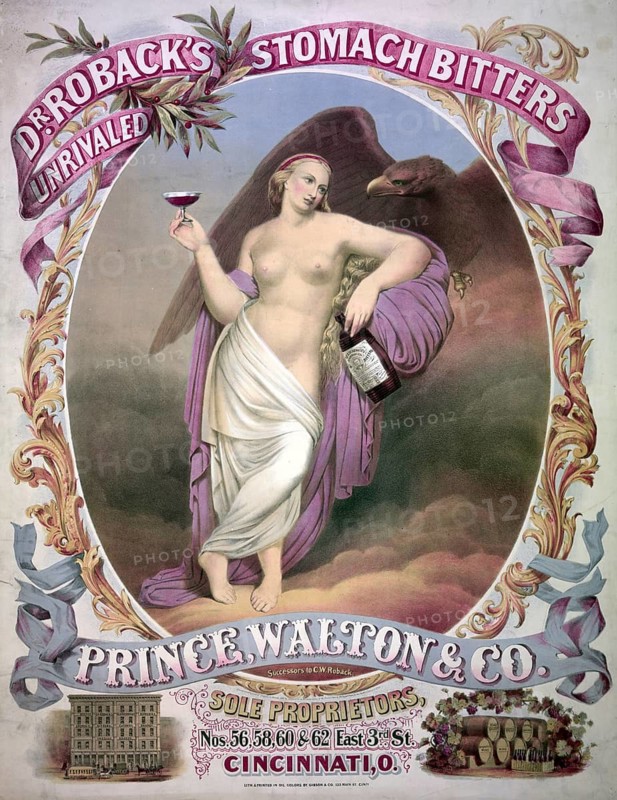 Advertising poster, beverage advertisement, advertising poster for Dr. Roback's Stomach Bitters, made by Prince, Walton & Co. of Cincinnati, classic allegorical figure holding a glass and bottle of the product, next to an eagle, authentic reproduction of a historical advertising poster, advertising sign, in high resolution
