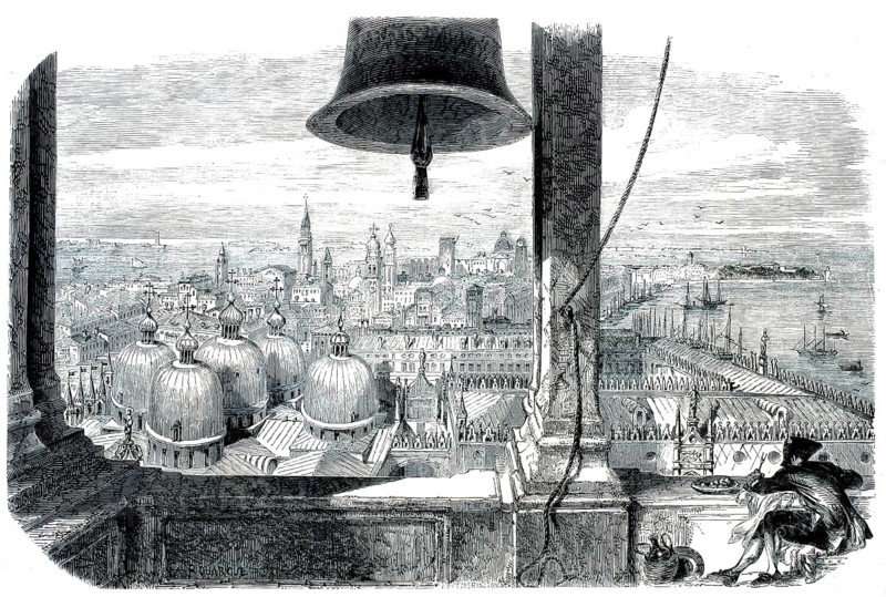 View of Venice from the Campanile di San Marco from 1859. In the foreground is a large bell tower with a bell and an illustrator, Italy, authentic, high-resolution reproduction of a model from the 19th century, exact date of depiction unknown, historical