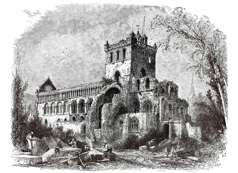 Jedburgh Abbey is the ruin of an Augustinian monastery in Jedburgh, a small town in the Scottish Borders region, Scotland, England, illustration, reproduction from a 19th-century model. Authentic, file restored for optimal use, exact date of submission unknown, historical