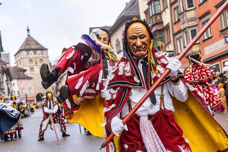 The highlight of the Swabian-Alemannic carnival is the fool's jump in Rottweil. Around 4000 fools jump through the historic Black Gate. The figure of Federahannes, who makes huge jumps, is distinctive. Rottweil, Black Forest, Baden-Württemberg, Germany