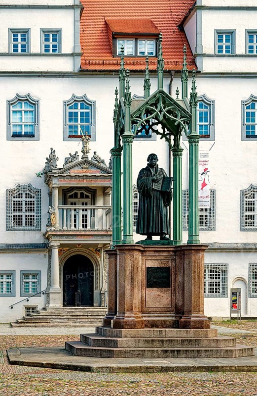 Market square with town hall, Luther monument by Johann Gottfried Schadow, Luther city Wittenberg, Saxony-Anhalt, Germany