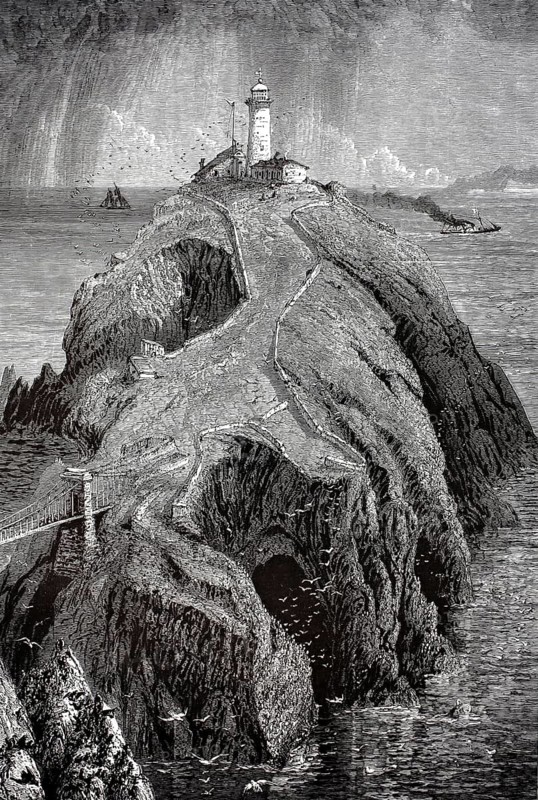Lighthouse off Holyhead, town and community in the British county of Anglesey off the Welsh coast, Wales, illustration, reproduction from a 19th-century model. Authentic, file restored for optimal use, exact date of submission unknown, historical