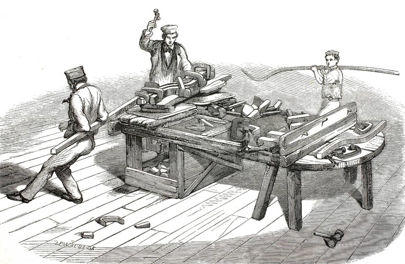 Bending workbench for wood from the 19th century. The scene depicts the process of wood bending, in which steamed wooden poles, often ash or lancewood, are shaped, 1860, authentic, high-resolution reproduction from a 19th century model, exact date of depiction unknown, historical