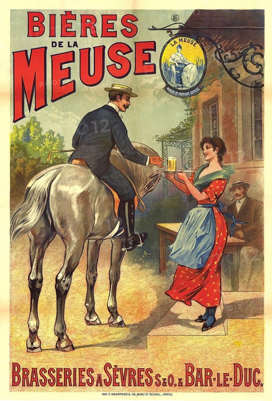 Advertising poster, beverage advertisement, poster promoting Bieres de la Meuse from the breweries in Sevres and Bar-le-Duc from 1900, showing a scene with a rider receiving a beer from a waitress, France, authentic reproduction of a historical advertising poster, advertising sign, in high resolution