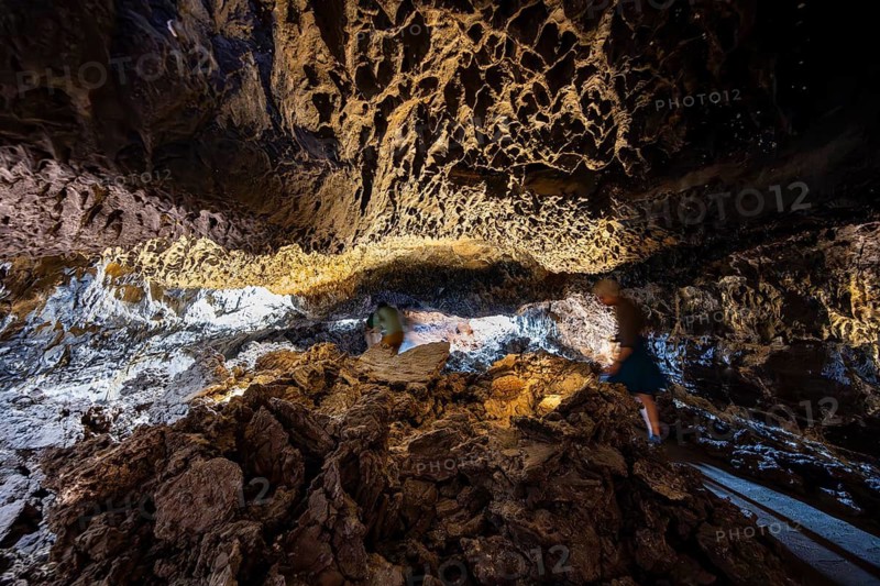 Underground cave formed by lava flow, illuminated lava cave, Cueva de los Verdes, Lanzarote, Canary Islands, Spain