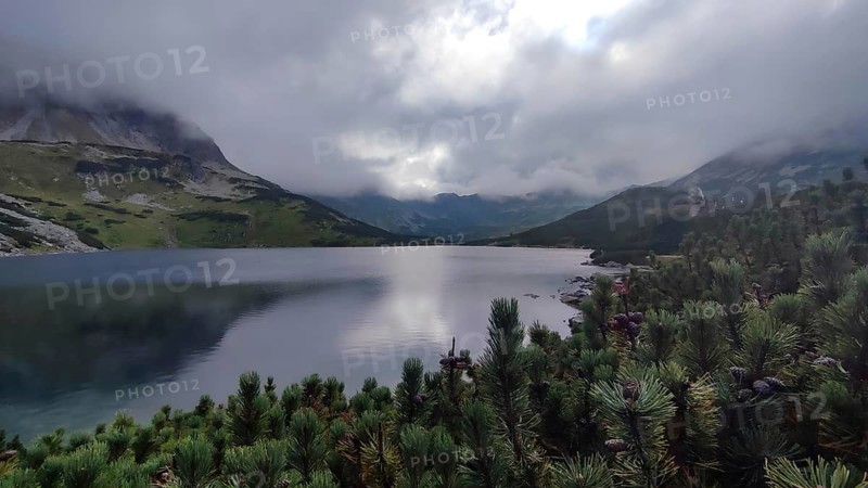 A misty mountain lake surrounded by firs and cloud-covered mountain peaks, Schronisko, High Tatras National Park, Carpathian Mountains, Poland