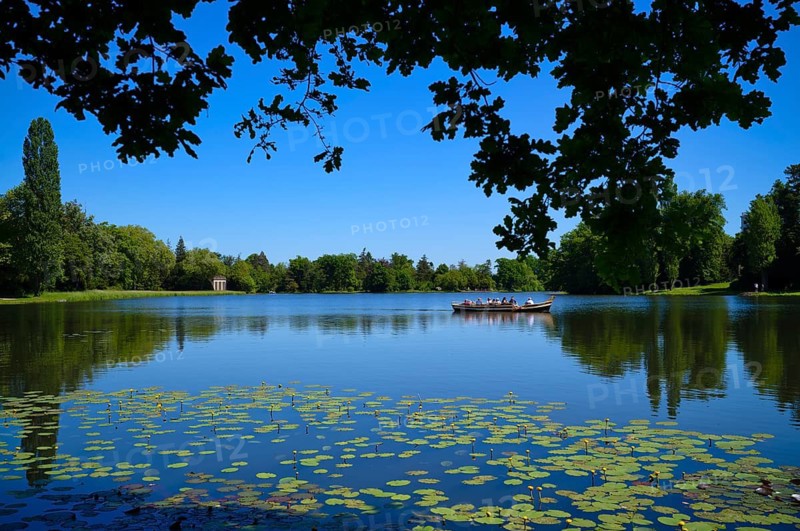 Gondola, boat with tourists, water lilies, Wörlitzer See, Wörlitzer Park, Wörlitzer Anlagen, Wörlitz, Oranienbaum, Saxony-Anhalt, Germany