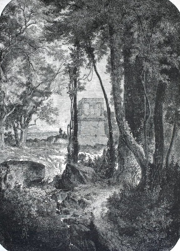 Theron's tomb near Agrigento in Sicily, circa 1870. The monument is traditionally attributed to the tyrant Theron of Akragas. However, archaeological research tends to date the square, two-storey tomb, with Ionic corner columns and Doric entablature, to the Roman period (late Republic or early Imperial period), Authentic, high-resolution reproduction of a 19th-century original, exact date of the depiction unknown, historical