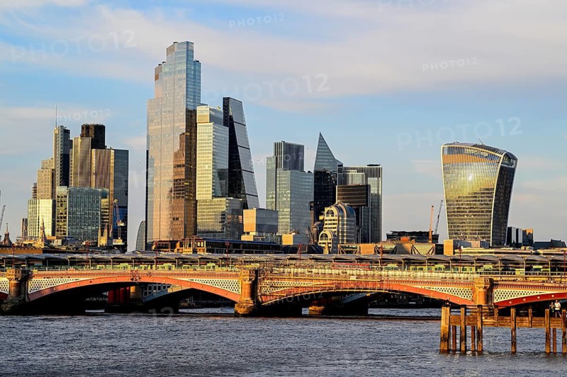 Blackfriars Bridge in front of the City of London skyline with skyscrapers 22 Bishopsgate, Leadenhall Building, Cheesegrater, and 20 Fenchurch Street, Walkie Talkie, Financial District, London, England, Great Britain, Great Britain