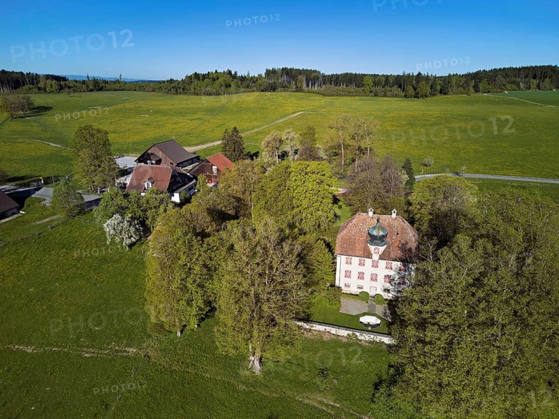Horben viewpoint with castle and restaurant, Beinwil, Freiamt, Canton of Aargau, Switzerland