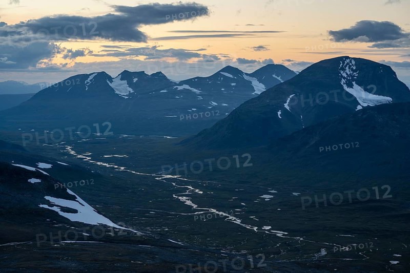 View over the Ruohtesvagge valley to the Akka massif and Mount Nijak, Sarek National Park, Laponia World Heritage Site, Norrbotten, Lapland, Sweden, August 2021