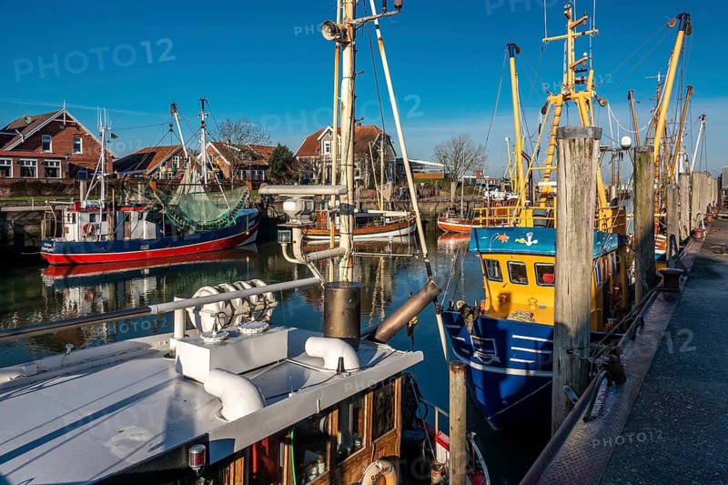 The port of Neuharlingersiel, East Frisia, Lower Saxony, fishing boats, fishing trawler, memorial, East Frisia, Lower Saxony, Federal Republic of Germany