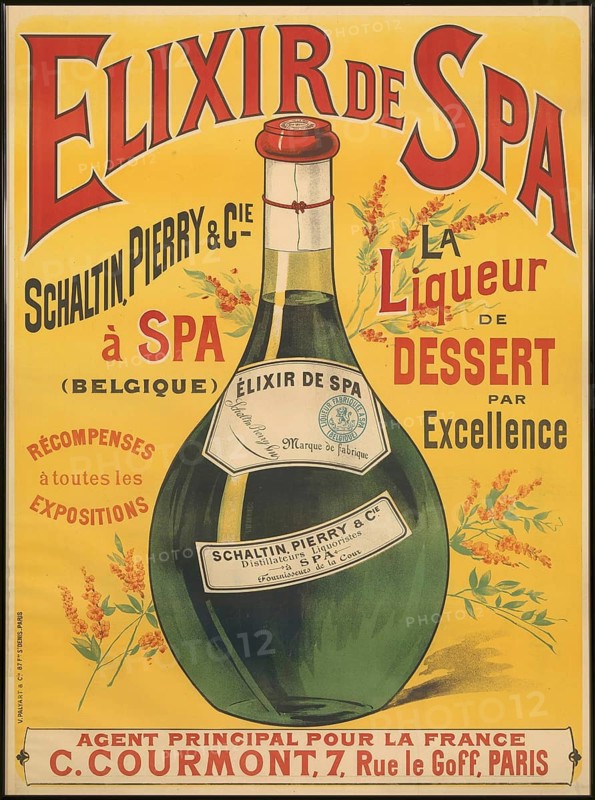 Advertising poster, beverage advertisement, poster showing the Belgian herbal liqueur Elixir de Spa. This liqueur was originally produced from 1858 by the Schaltin, Pierry & Cie distillery in Spa. The drink was developed by Capuchin monks in the 17th century and contains over 40 different herbs and plants, 1905, authentic reproduction of a historical advertising poster, advertising sign, in high resolution