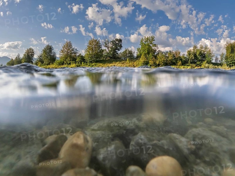 River, water, stones, underwater picture, trees, sun, summer, Loisach, Großweil, Alpine foothills, Bavaria, Germany
